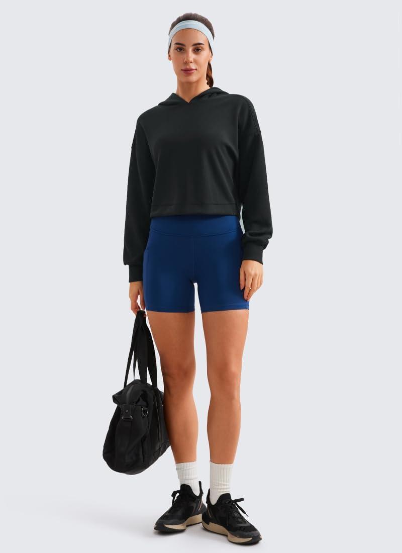 imageCRZ YOGA SoftAura Cropped Hoodies for Women Long Sleeve Pullover Basic Workout Casual Hooded SweatshirtsBlack