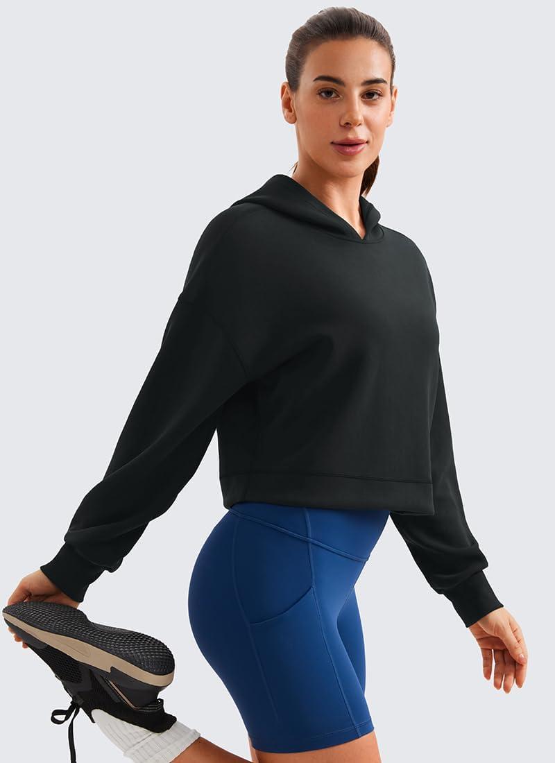 imageCRZ YOGA SoftAura Cropped Hoodies for Women Long Sleeve Pullover Basic Workout Casual Hooded SweatshirtsBlack