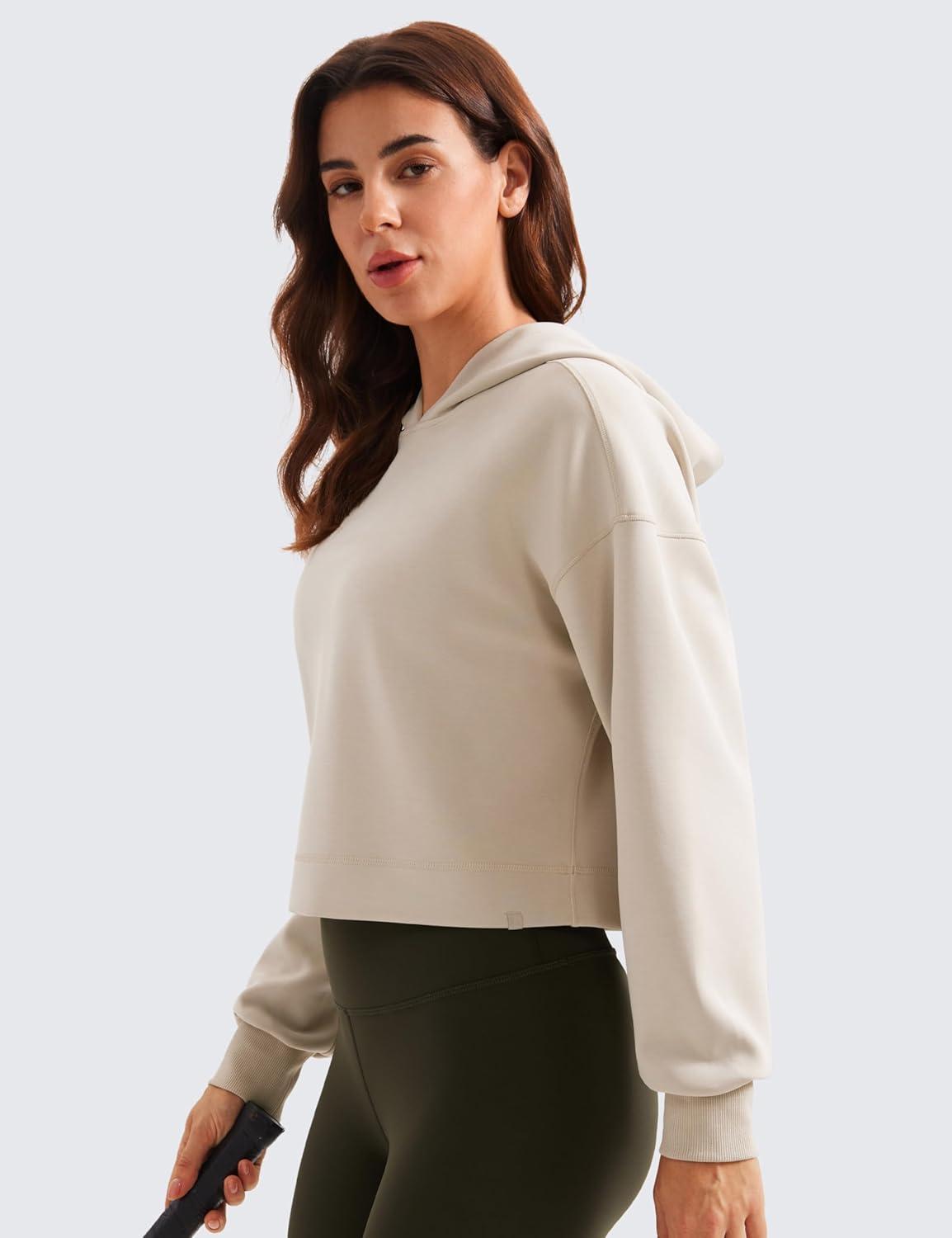 imageCRZ YOGA SoftAura Cropped Hoodies for Women Long Sleeve Pullover Basic Workout Casual Hooded SweatshirtsMojave Tan