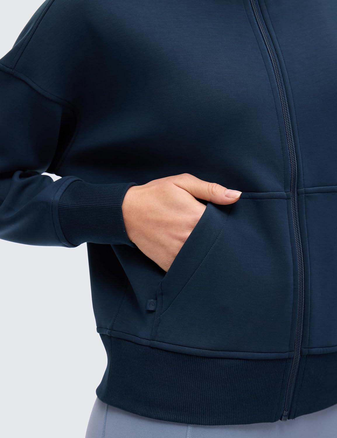 imageCRZ YOGA SoftAura Full Zip Sweatshirt for Women Workout Casual Zipper Funnel Neck Sweat Shirts Jackets with PocketsInk Blue