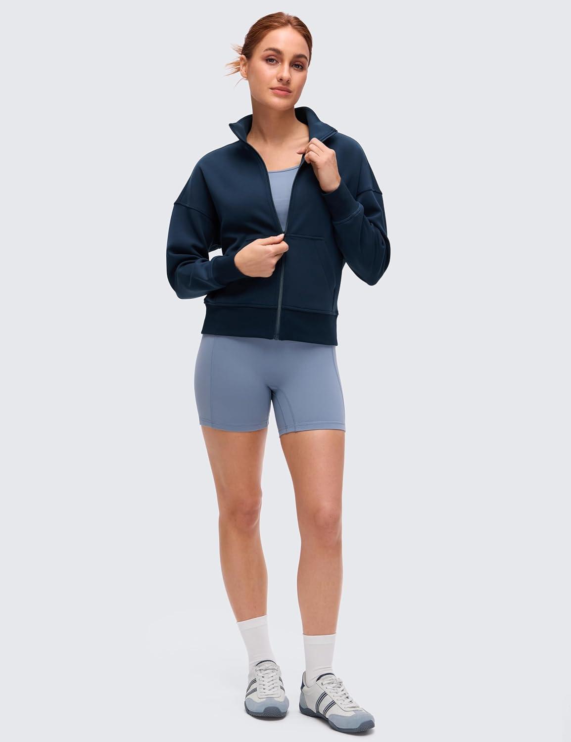 imageCRZ YOGA SoftAura Full Zip Sweatshirt for Women Workout Casual Zipper Funnel Neck Sweat Shirts Jackets with PocketsInk Blue