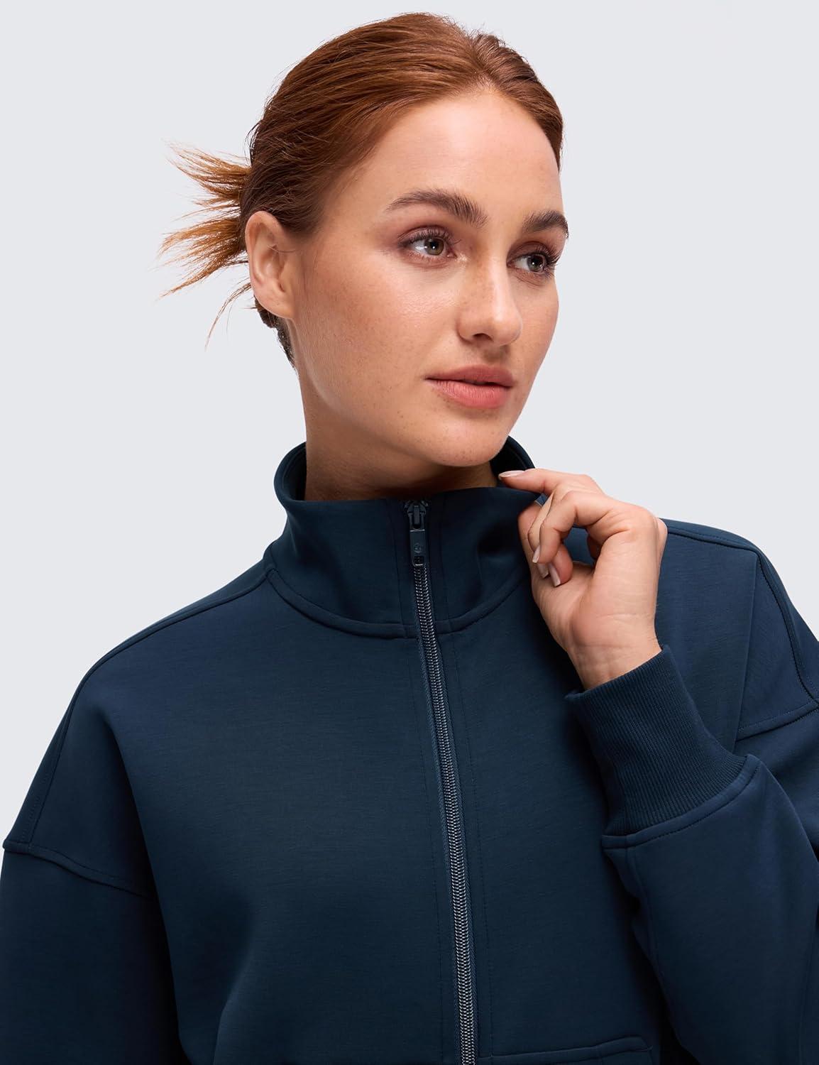 imageCRZ YOGA SoftAura Full Zip Sweatshirt for Women Workout Casual Zipper Funnel Neck Sweat Shirts Jackets with PocketsInk Blue