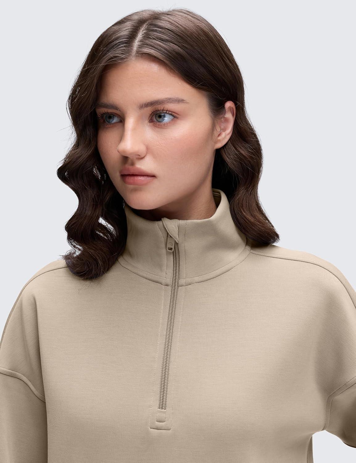 imageCRZ YOGA SoftAura Half Zip Sweatshirt for Women Pullover Workout Casual Funnel Neck Sweat Shirts with PocketOak