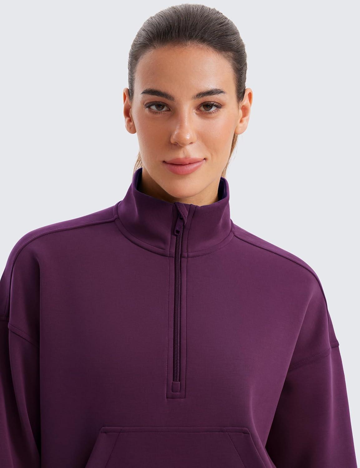 imageCRZ YOGA SoftAura Half Zip Sweatshirt for Women Pullover Workout Casual Funnel Neck Sweat Shirts with PocketPlum Magenta