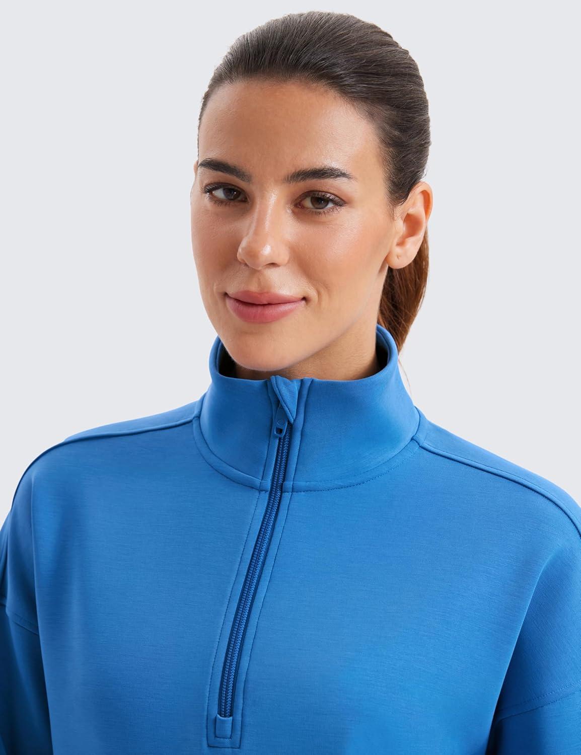 imageCRZ YOGA SoftAura Half Zip Sweatshirt for Women Pullover Workout Casual Funnel Neck Sweat Shirts with PocketSparkle Blue
