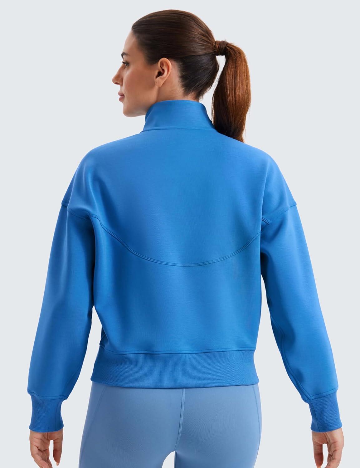 imageCRZ YOGA SoftAura Half Zip Sweatshirt for Women Pullover Workout Casual Funnel Neck Sweat Shirts with PocketSparkle Blue