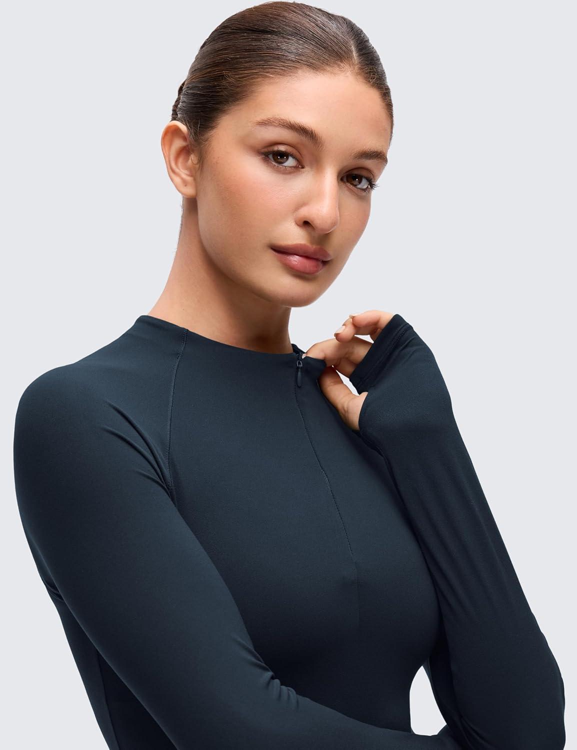 imageCRZ YOGA Softembrace Half Zip Long Sleeve Shirts for Women Casual Going Out Tops Soft Quarter Zipper Tees with Thumb HolesTrue Navy