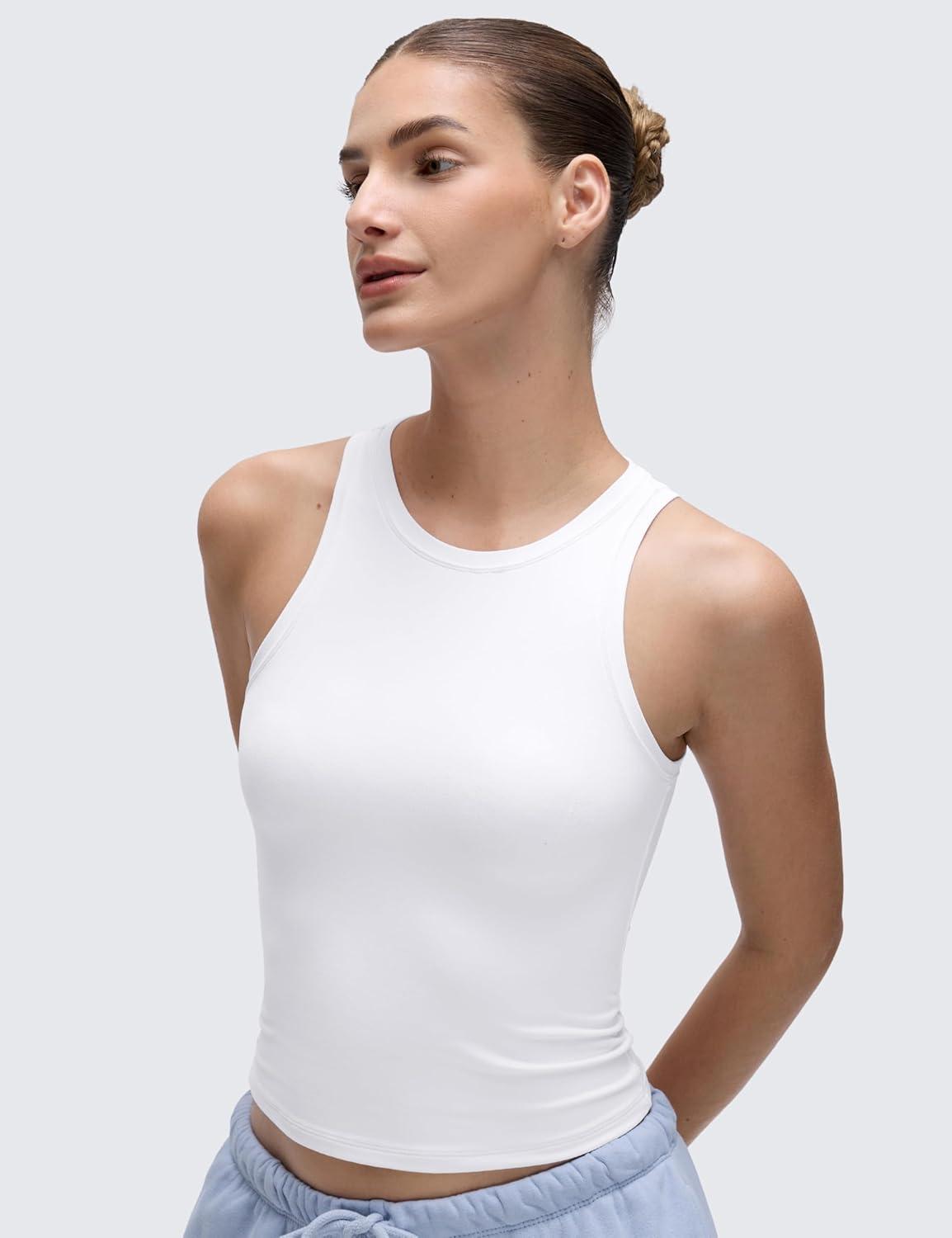 imageCRZ YOGA Softembrace High Neck Tank Tops for Women Casual Going Out Soft Double Lined Basic Summer Sleeveless ShirtsWhite
