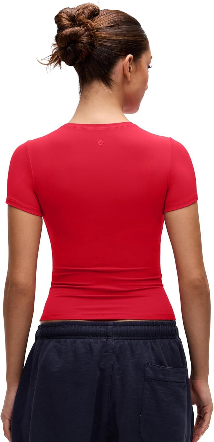 imageCRZ YOGA Softembrace High Neck Tops for Women Soft Casual Going Out Shirts Crewneck Tight Basic Short Sleeve TShirtAurora Red