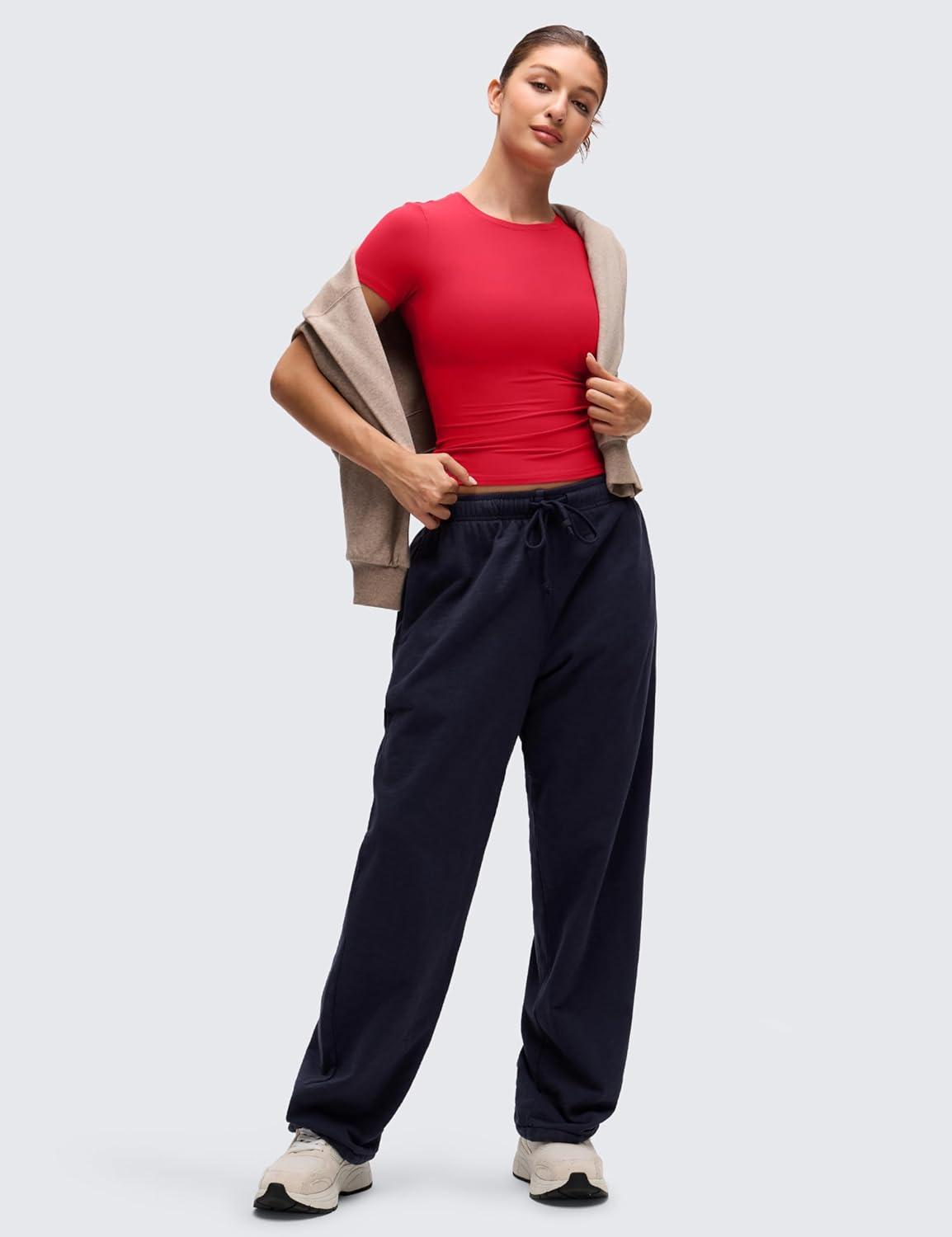 imageCRZ YOGA Softembrace High Neck Tops for Women Soft Casual Going Out Shirts Crewneck Tight Basic Short Sleeve TShirtAurora Red