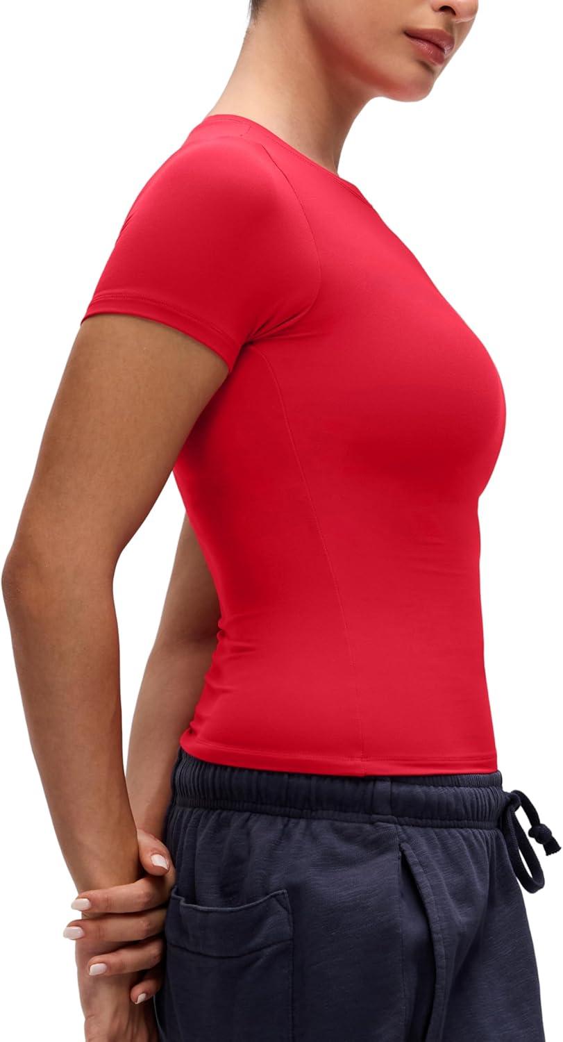 imageCRZ YOGA Softembrace High Neck Tops for Women Soft Casual Going Out Shirts Crewneck Tight Basic Short Sleeve TShirtAurora Red