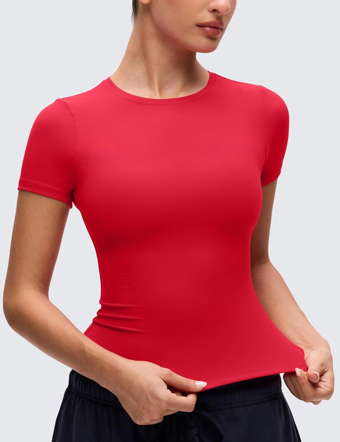 imageCRZ YOGA Softembrace High Neck Tops for Women Soft Casual Going Out Shirts Crewneck Tight Basic Short Sleeve TShirtAurora Red