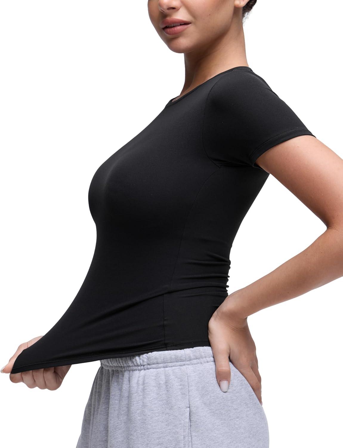 imageCRZ YOGA Softembrace High Neck Tops for Women Soft Casual Going Out Shirts Crewneck Tight Basic Short Sleeve TShirtBlack