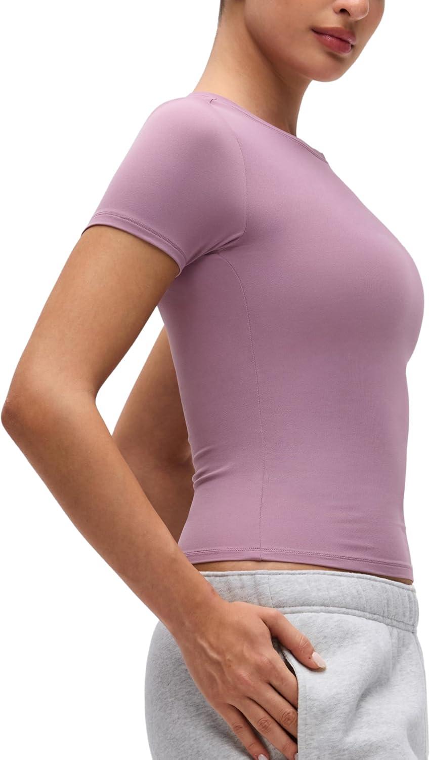 imageCRZ YOGA Softembrace High Neck Tops for Women Soft Casual Going Out Shirts Crewneck Tight Basic Short Sleeve TShirtLight Lavender