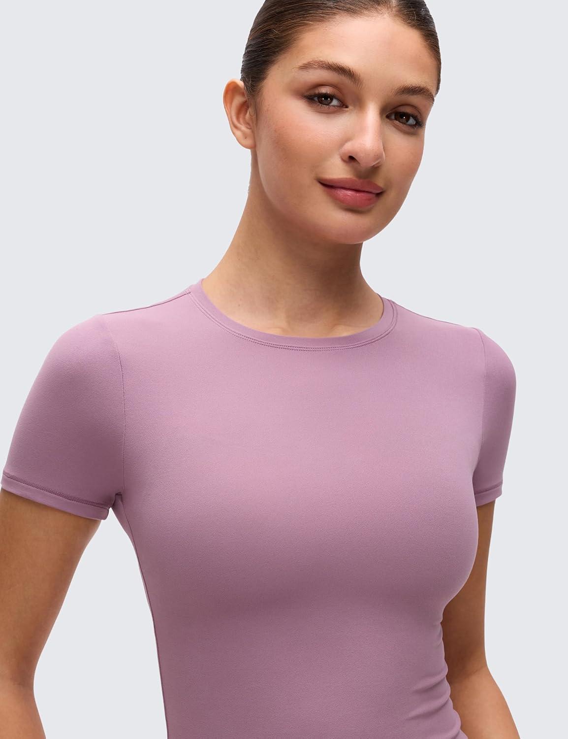 imageCRZ YOGA Softembrace High Neck Tops for Women Soft Casual Going Out Shirts Crewneck Tight Basic Short Sleeve TShirtLight Lavender