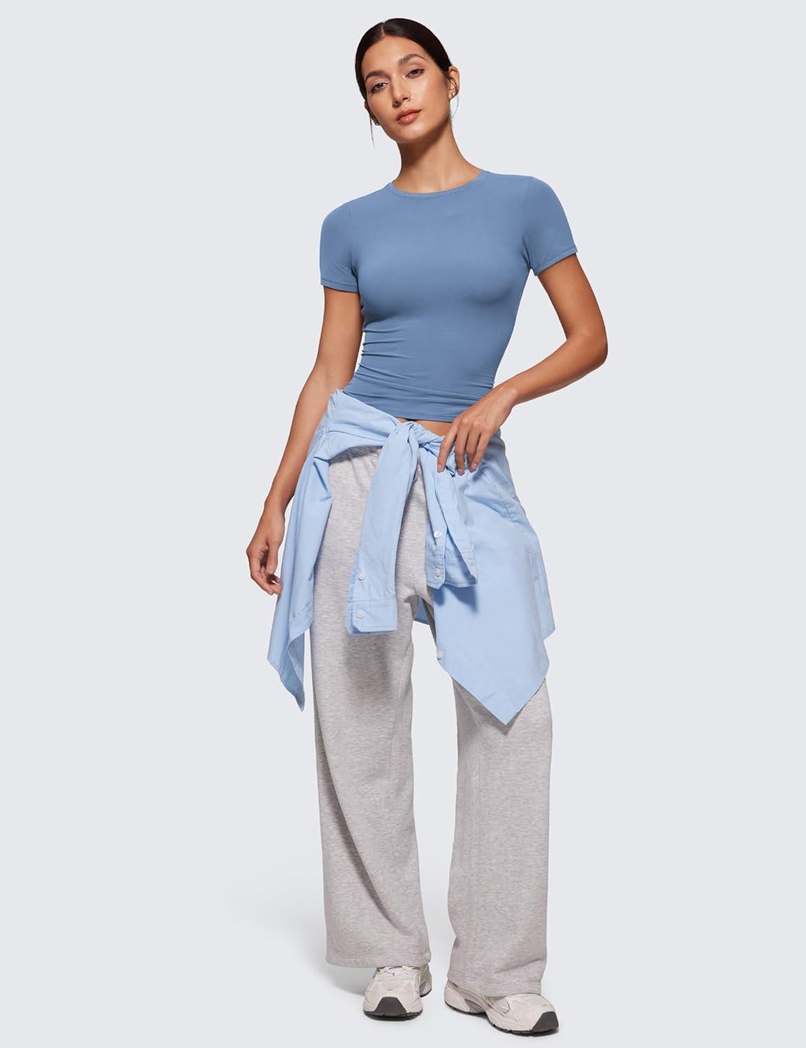 imageCRZ YOGA Softembrace High Neck Tops for Women Soft Casual Going Out Shirts Crewneck Tight Basic Short Sleeve TShirtOasis Blue