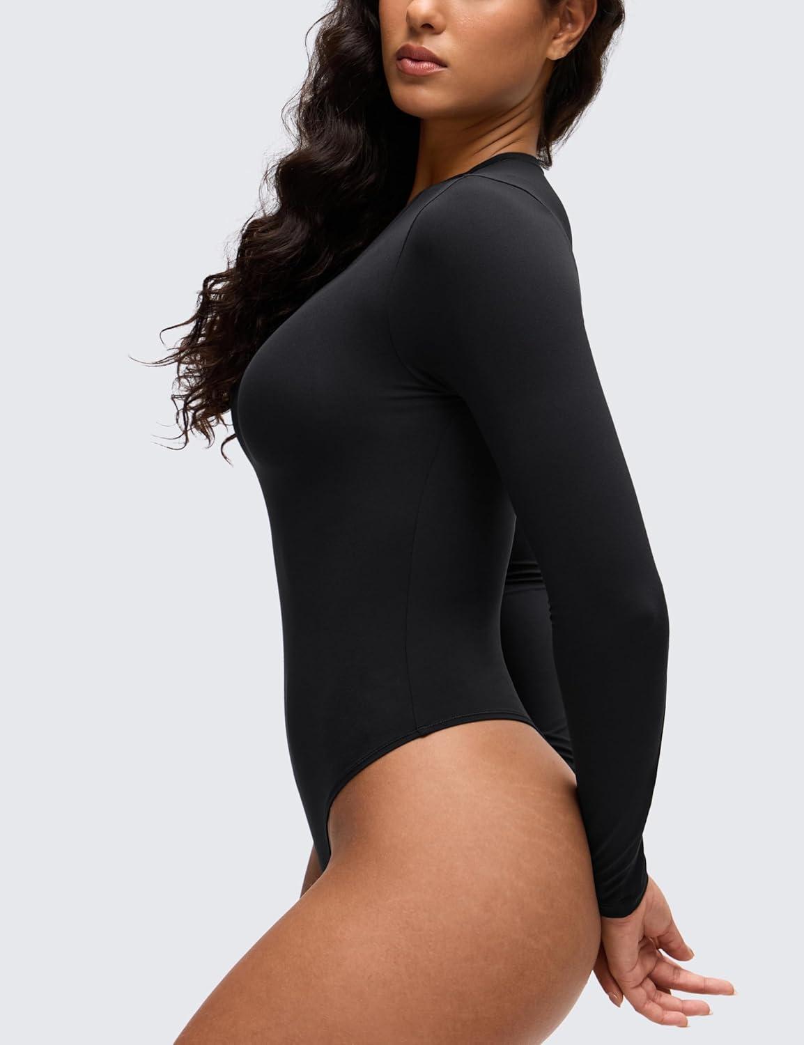 imageCRZ YOGA Softembrace Long Sleeve Bodysuits for Women Crewneck Basic Casual Travel Thong Body Suits Fitted TopsBlack