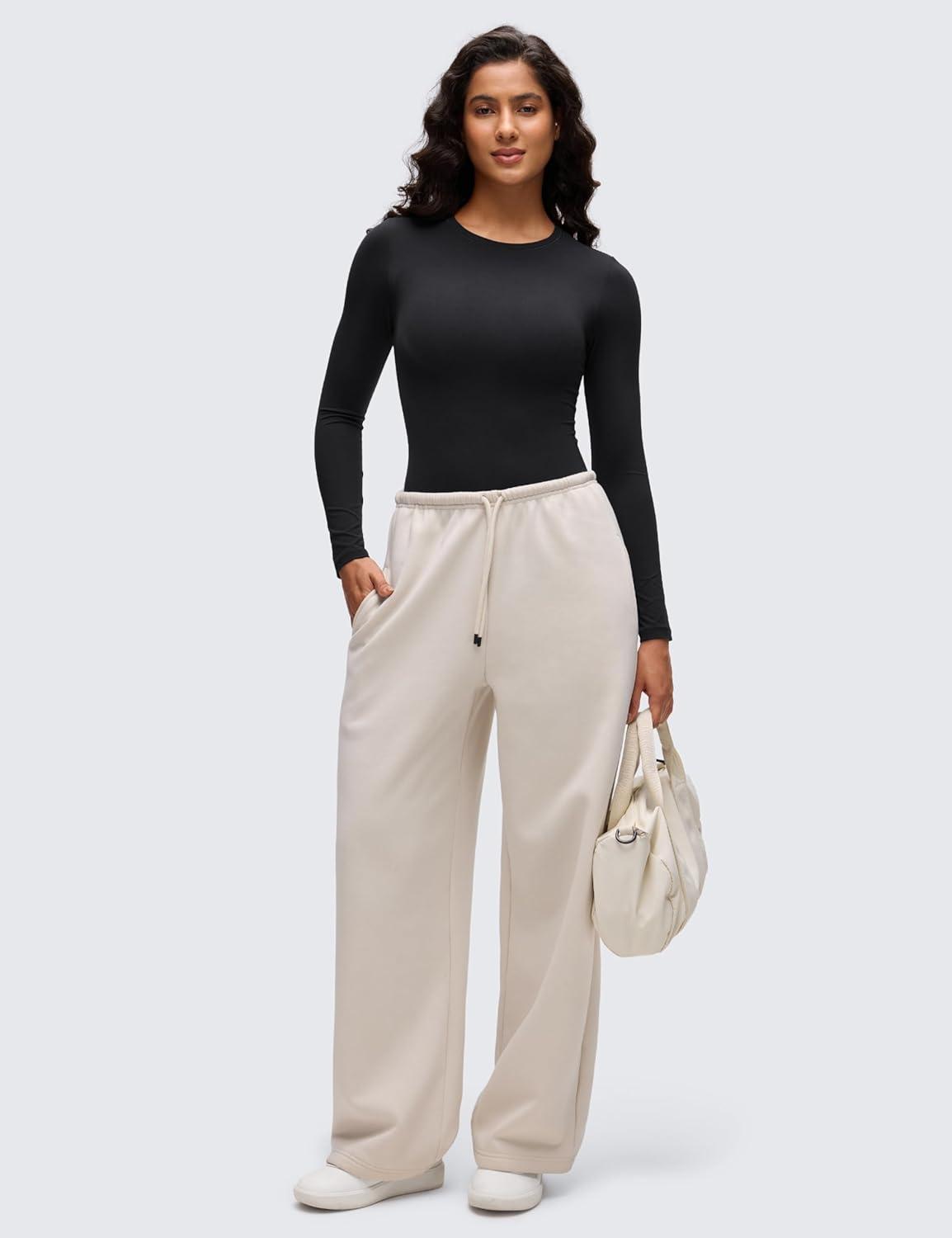 imageCRZ YOGA Softembrace Long Sleeve Bodysuits for Women Crewneck Basic Casual Travel Thong Body Suits Fitted TopsBlack