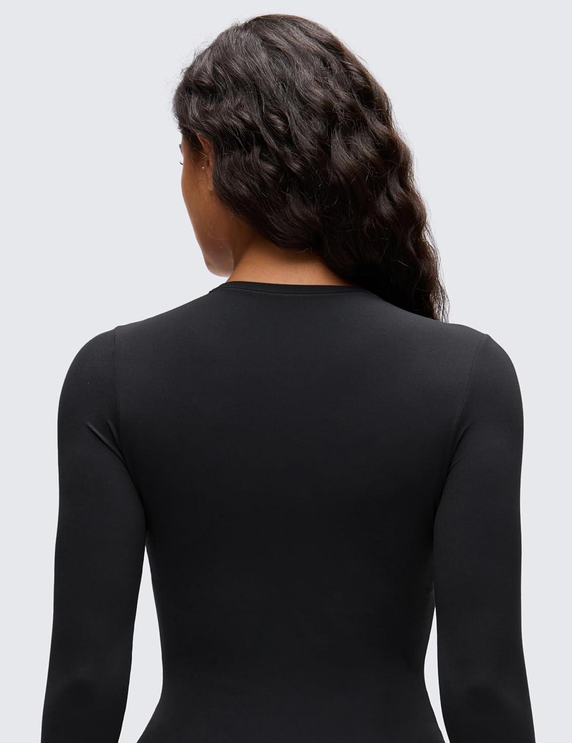 imageCRZ YOGA Softembrace Long Sleeve Bodysuits for Women Crewneck Basic Casual Travel Thong Body Suits Fitted TopsBlack