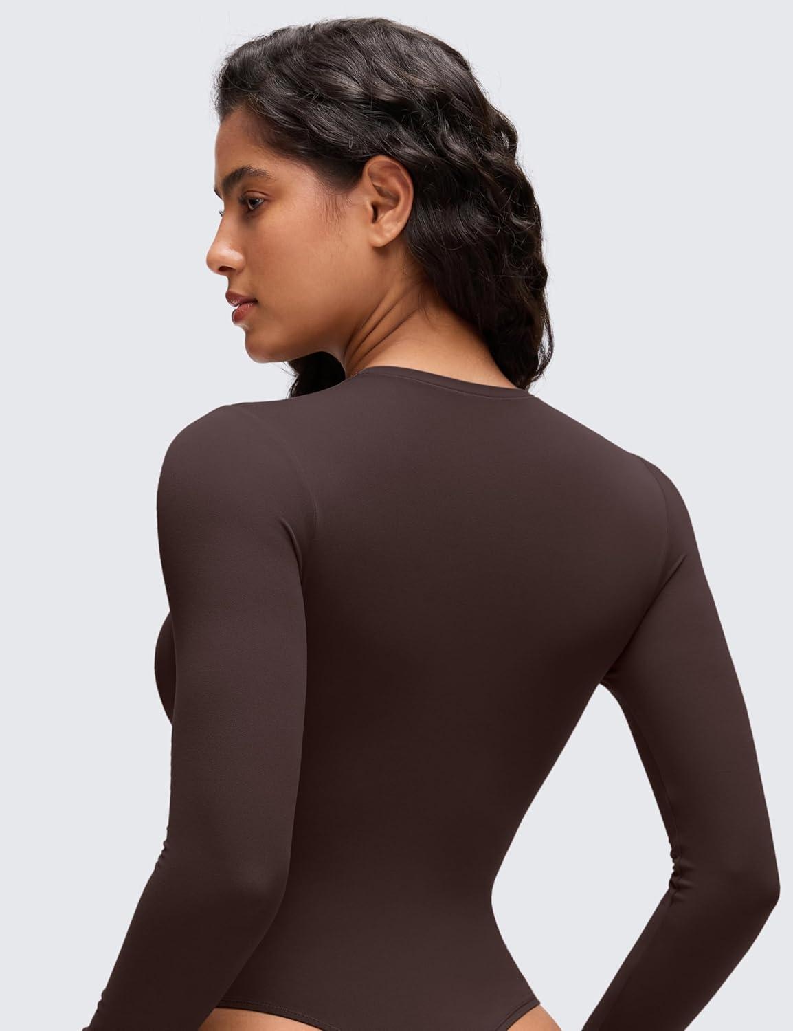 imageCRZ YOGA Softembrace Long Sleeve Bodysuits for Women Crewneck Basic Casual Travel Thong Body Suits Fitted TopsHot Fudge Brown