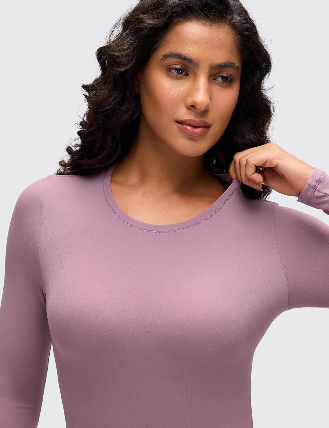 imageCRZ YOGA Softembrace Long Sleeve Bodysuits for Women Crewneck Basic Casual Travel Thong Body Suits Fitted TopsLight Lavender