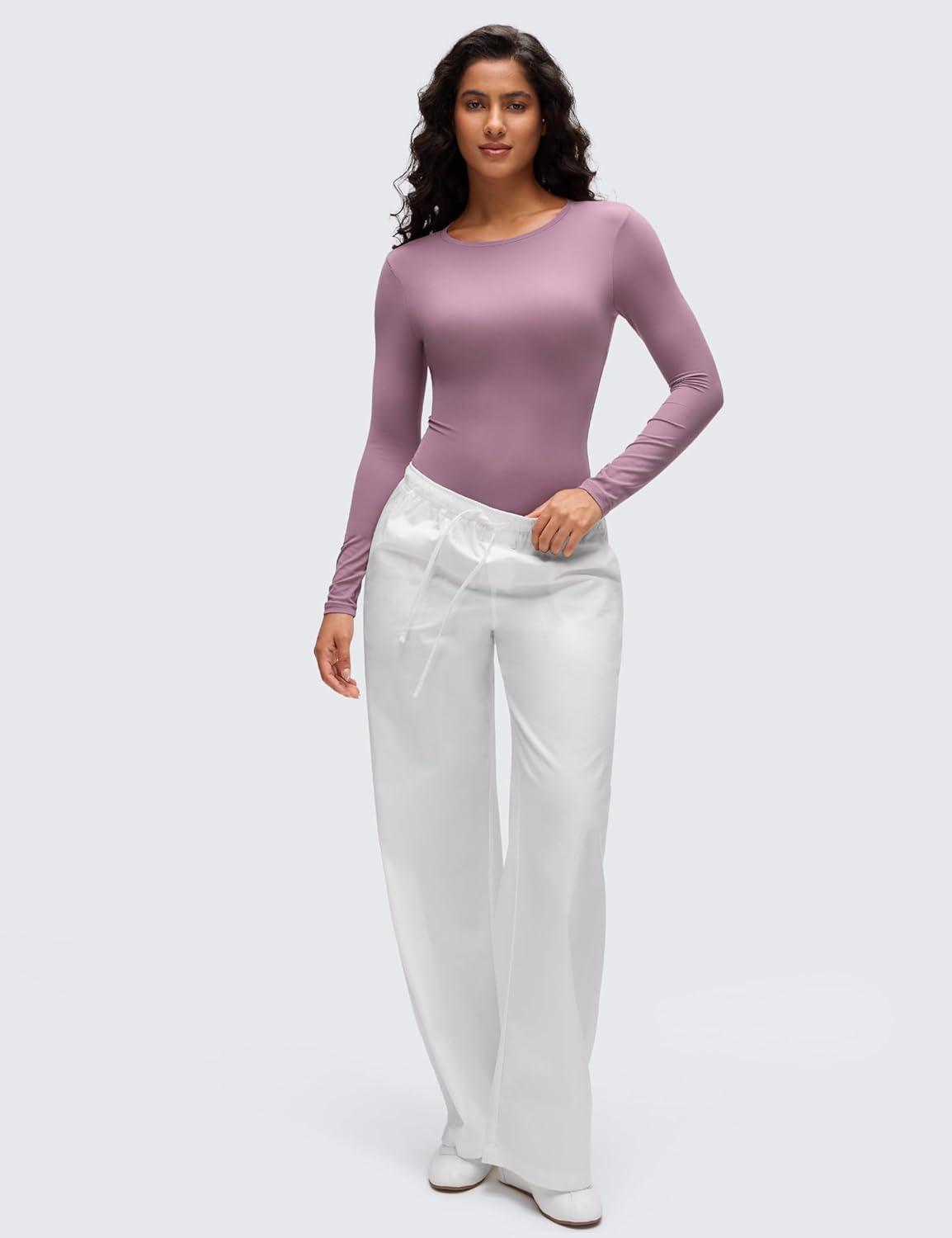 imageCRZ YOGA Softembrace Long Sleeve Bodysuits for Women Crewneck Basic Casual Travel Thong Body Suits Fitted TopsLight Lavender