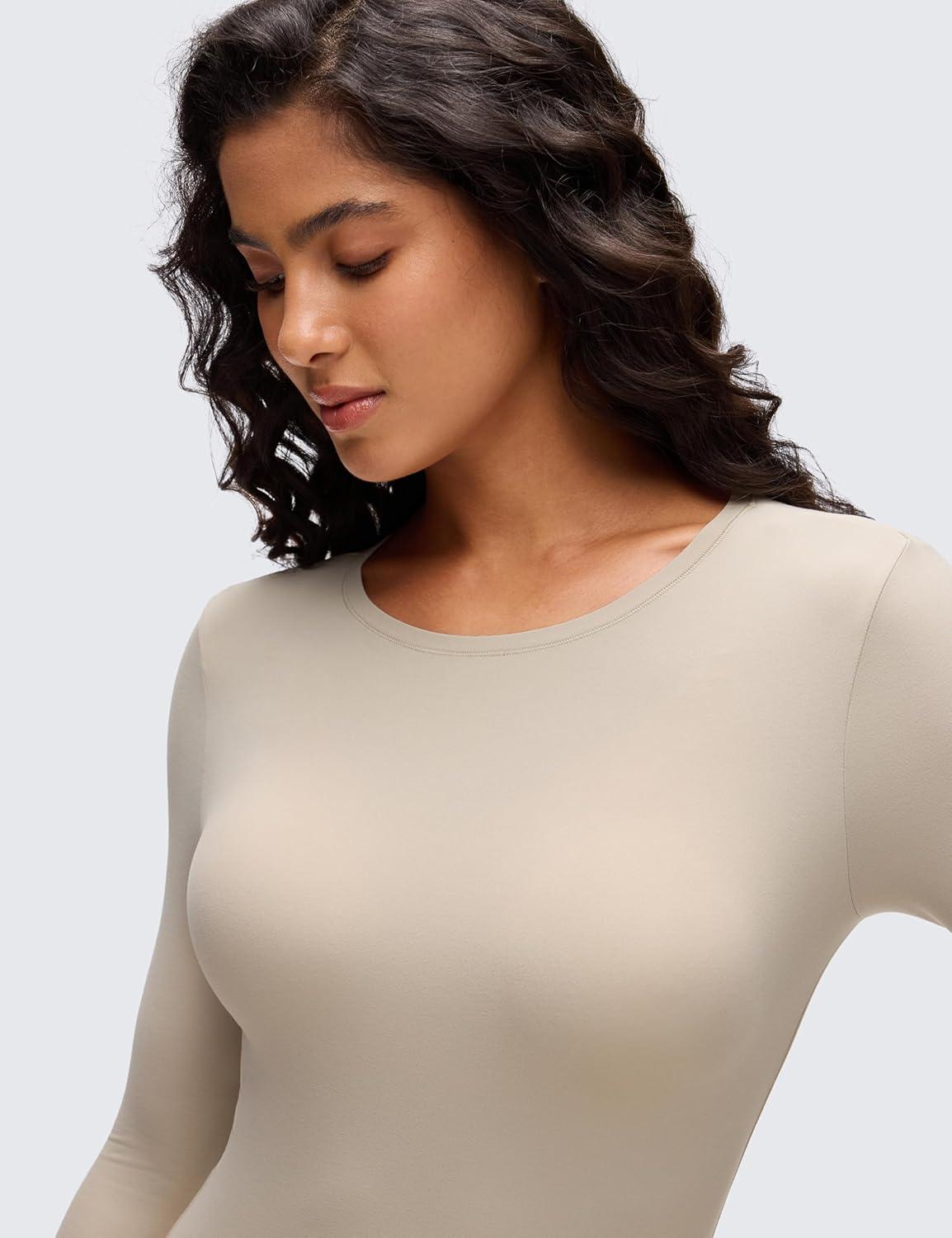 imageCRZ YOGA Softembrace Long Sleeve Bodysuits for Women Crewneck Basic Casual Travel Thong Body Suits Fitted TopsMojave Tan