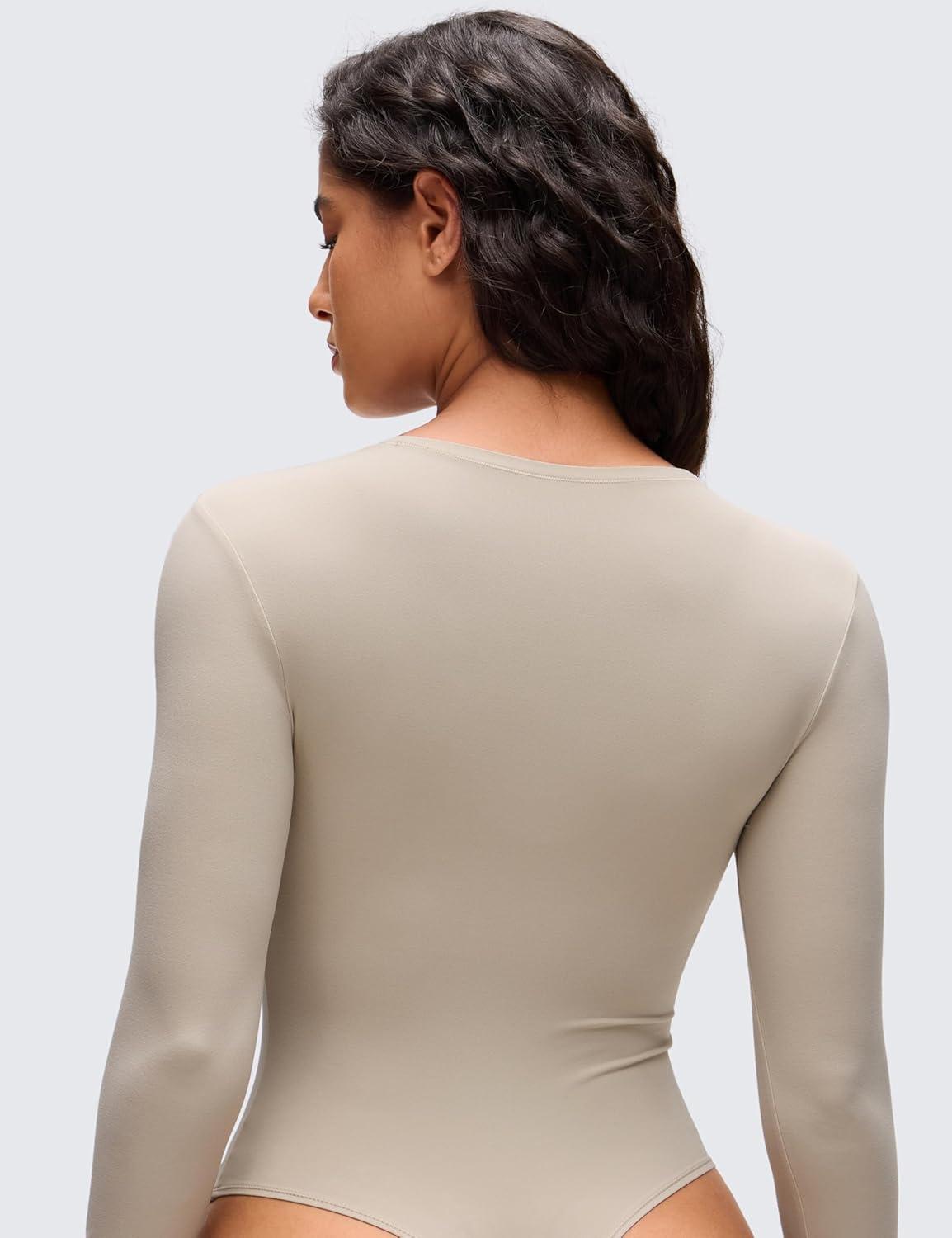 imageCRZ YOGA Softembrace Long Sleeve Bodysuits for Women Crewneck Basic Casual Travel Thong Body Suits Fitted TopsMojave Tan
