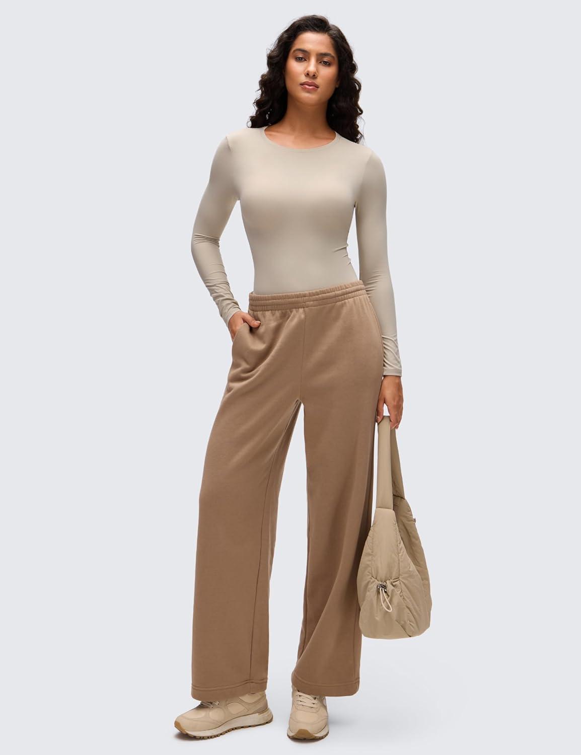 imageCRZ YOGA Softembrace Long Sleeve Bodysuits for Women Crewneck Basic Casual Travel Thong Body Suits Fitted TopsMojave Tan