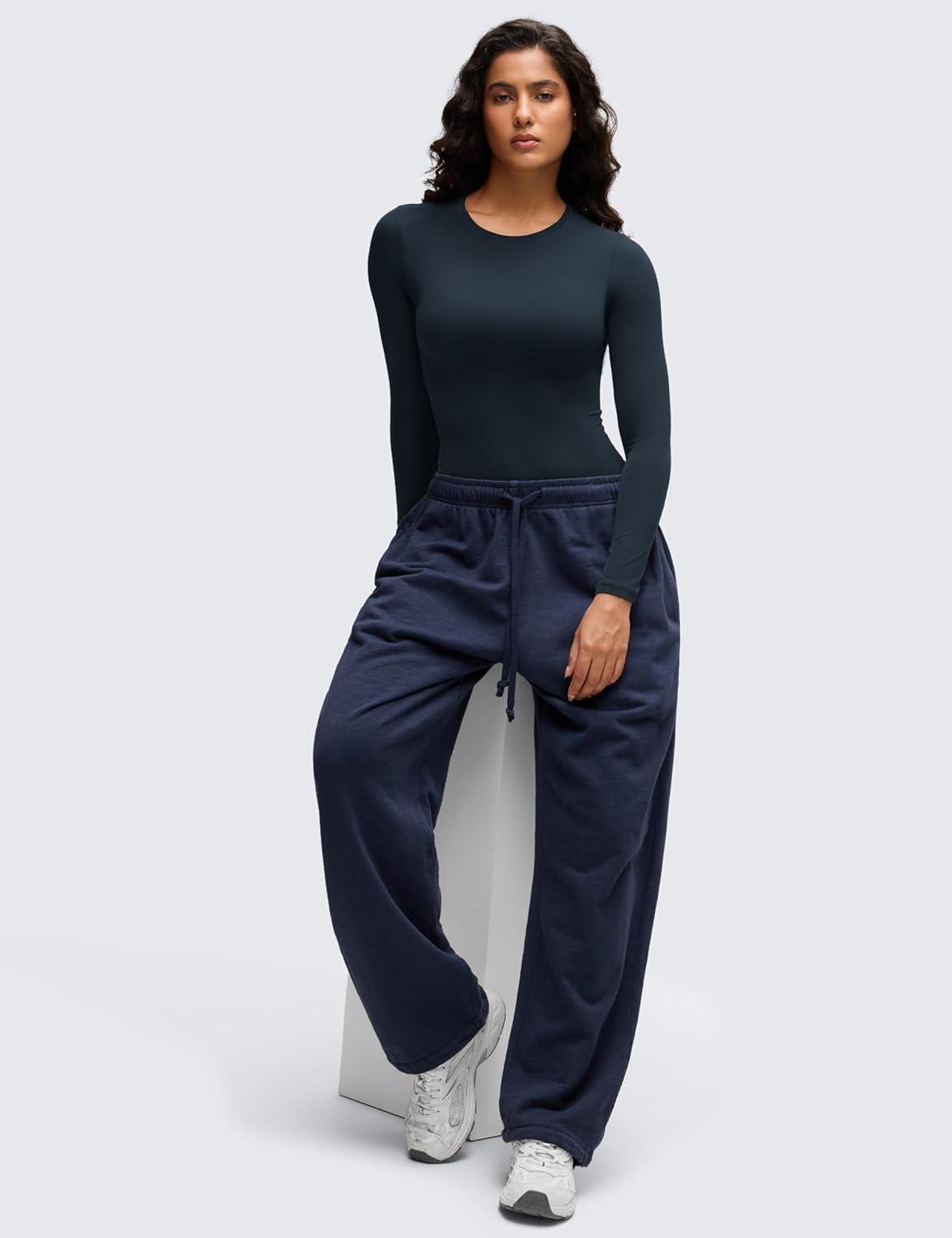 imageCRZ YOGA Softembrace Long Sleeve Bodysuits for Women Crewneck Basic Casual Travel Thong Body Suits Fitted TopsTrue Navy