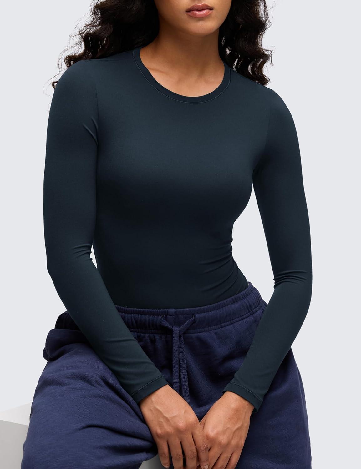 imageCRZ YOGA Softembrace Long Sleeve Bodysuits for Women Crewneck Basic Casual Travel Thong Body Suits Fitted TopsTrue Navy