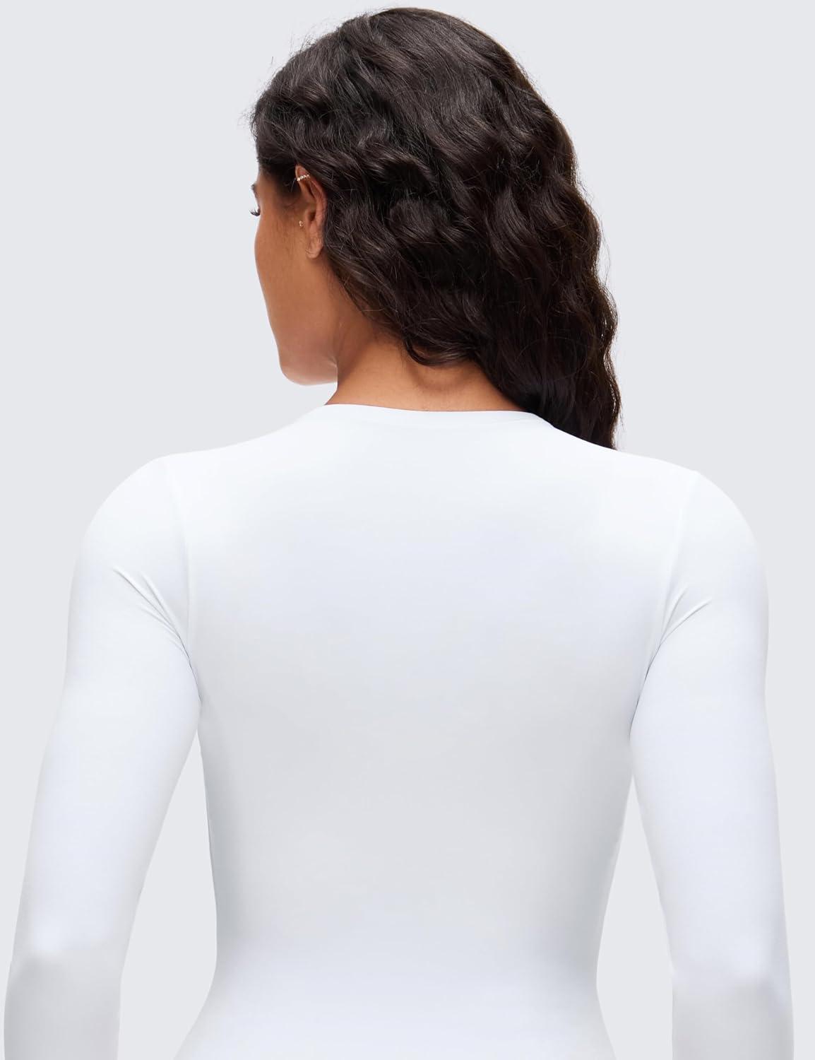 imageCRZ YOGA Softembrace Long Sleeve Bodysuits for Women Crewneck Basic Casual Travel Thong Body Suits Fitted TopsWhite