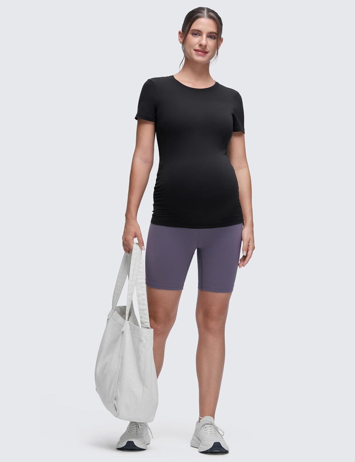 imageCRZ YOGA Softembrace Maternity Crewneck Short Sleeve Shirts Soft Casual Pregnancy Tops Going Out Basic TShirts for WomenBlack