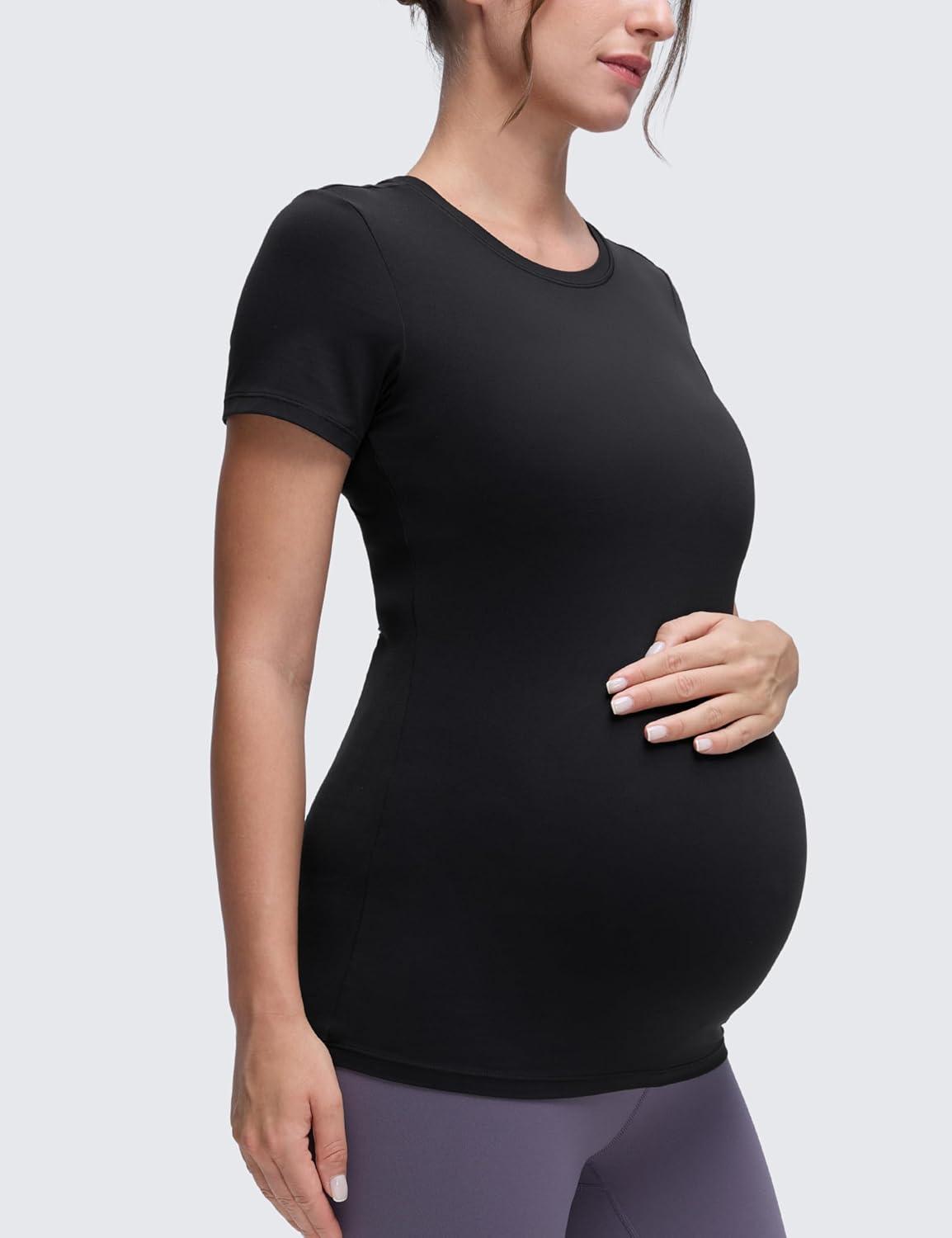 imageCRZ YOGA Softembrace Maternity Crewneck Short Sleeve Shirts Soft Casual Pregnancy Tops Going Out Basic TShirts for WomenBlack