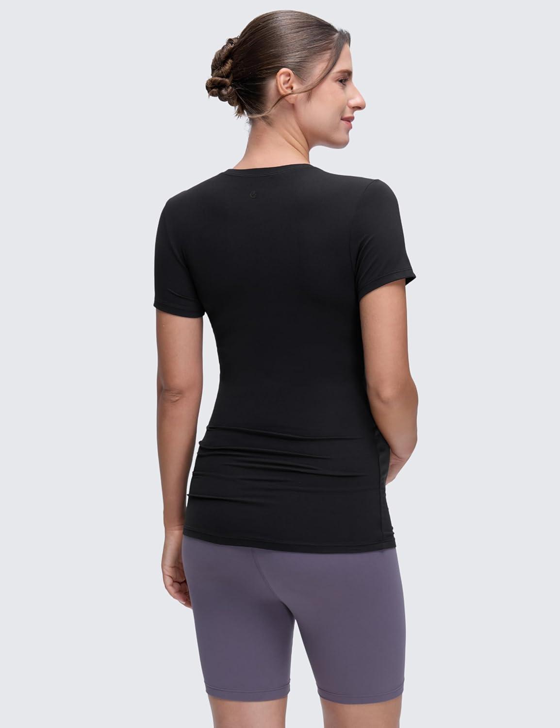 imageCRZ YOGA Softembrace Maternity Crewneck Short Sleeve Shirts Soft Casual Pregnancy Tops Going Out Basic TShirts for WomenBlack