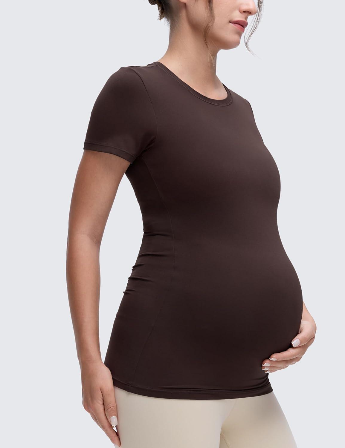 imageCRZ YOGA Softembrace Maternity Crewneck Short Sleeve Shirts Soft Casual Pregnancy Tops Going Out Basic TShirts for WomenHot Fudge Brown