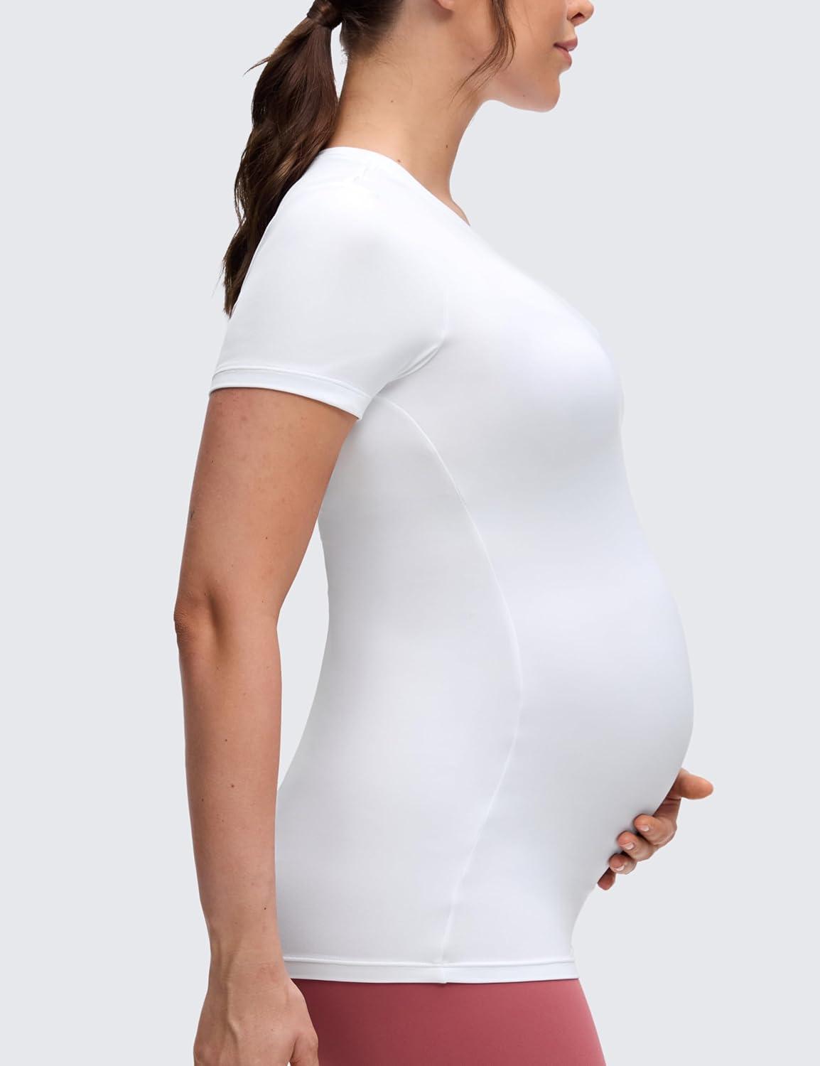 imageCRZ YOGA Softembrace Maternity Crewneck Short Sleeve Shirts Soft Casual Pregnancy Tops Going Out Basic TShirts for WomenWhite