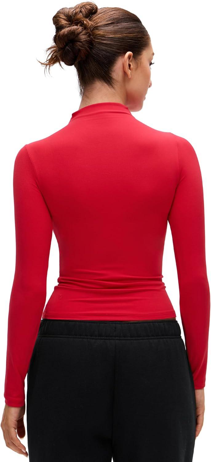 imageCRZ YOGA Softembrace Mock Neck Long Sleeve Shirts for Women Casual Going Out Comfort Tops Soft Fitted Layer Underwear TeesAurora Red