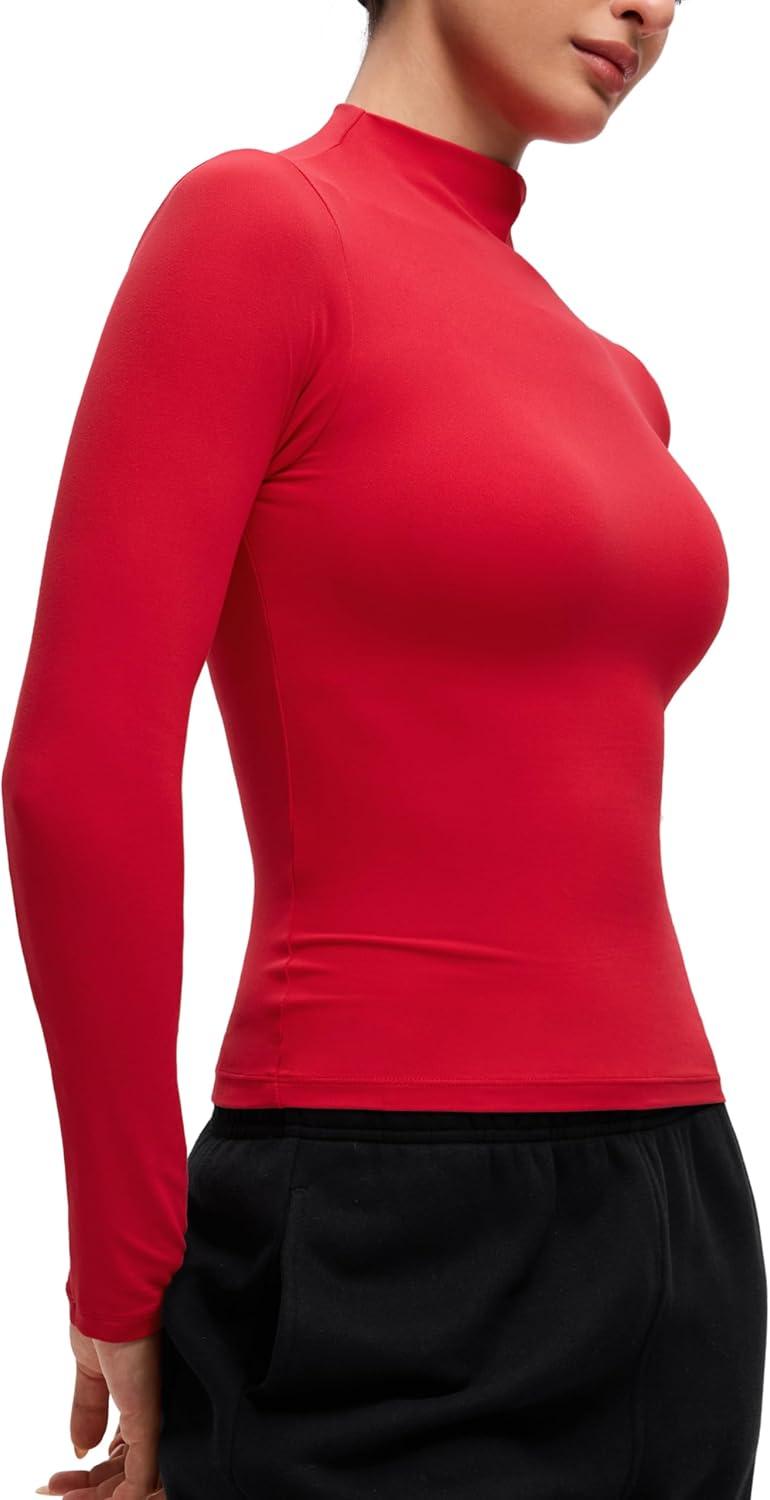 imageCRZ YOGA Softembrace Mock Neck Long Sleeve Shirts for Women Casual Going Out Comfort Tops Soft Fitted Layer Underwear TeesAurora Red