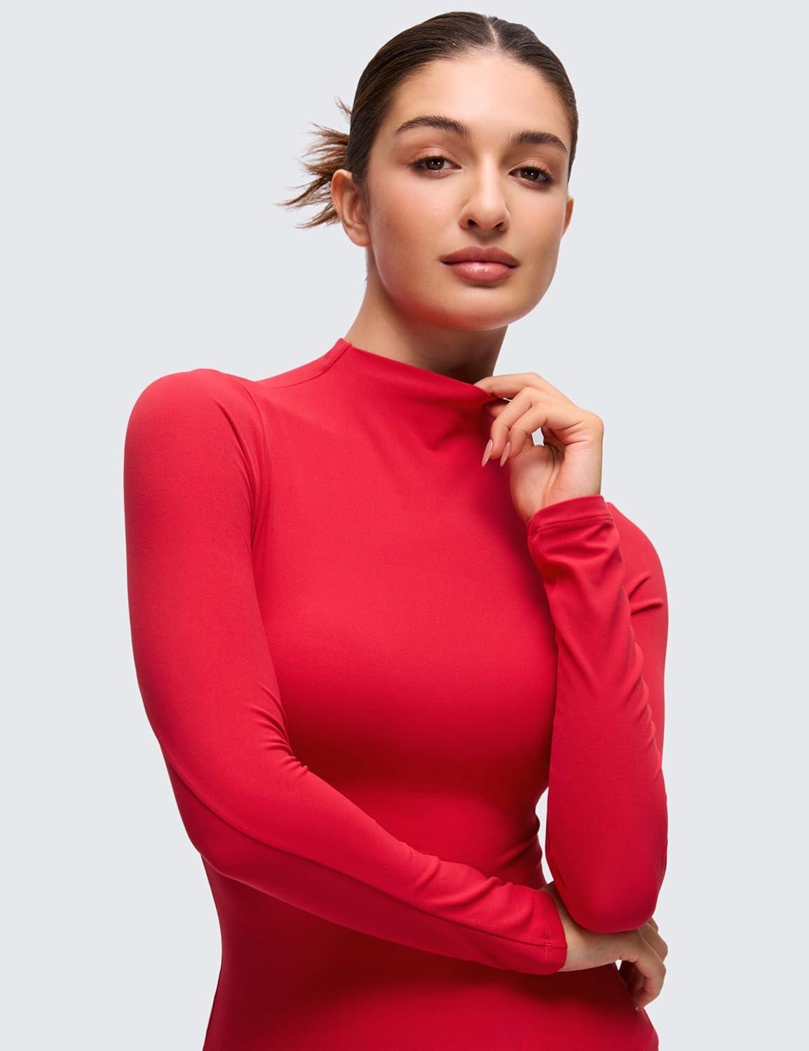 imageCRZ YOGA Softembrace Mock Neck Long Sleeve Shirts for Women Casual Going Out Comfort Tops Soft Fitted Layer Underwear TeesAurora Red