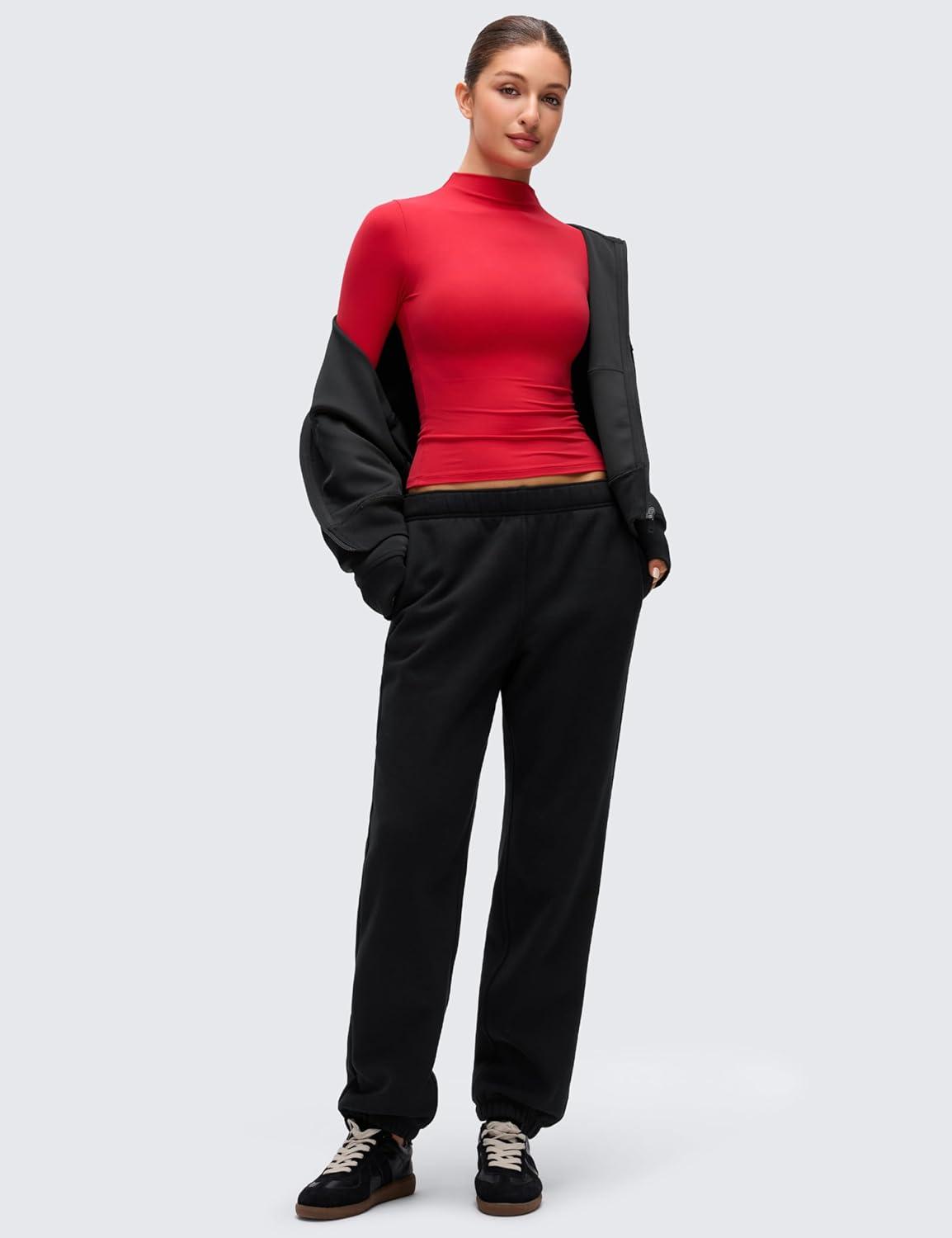 imageCRZ YOGA Softembrace Mock Neck Long Sleeve Shirts for Women Casual Going Out Comfort Tops Soft Fitted Layer Underwear TeesAurora Red