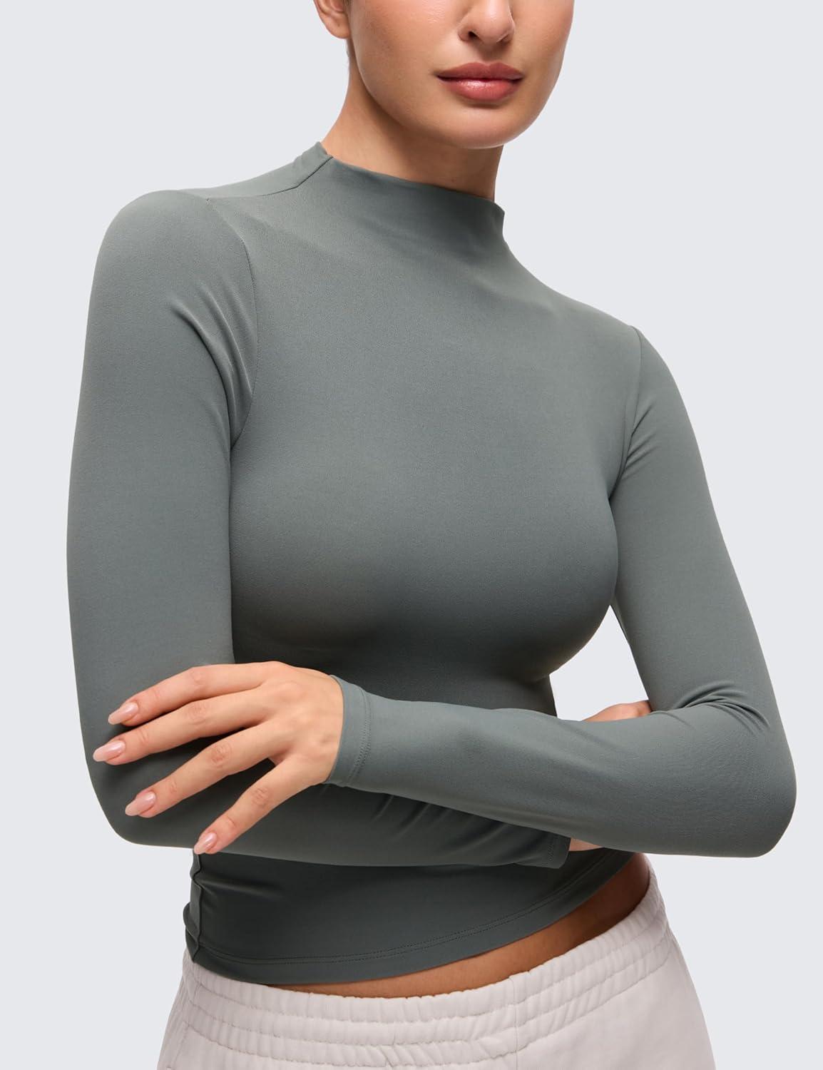 imageCRZ YOGA Softembrace Mock Neck Long Sleeve Shirts for Women Casual Going Out Comfort Tops Soft Fitted Layer Underwear TeesGrey Sage