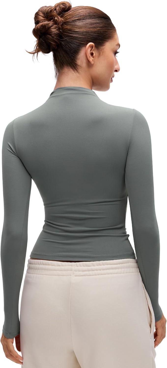 imageCRZ YOGA Softembrace Mock Neck Long Sleeve Shirts for Women Casual Going Out Comfort Tops Soft Fitted Layer Underwear TeesGrey Sage