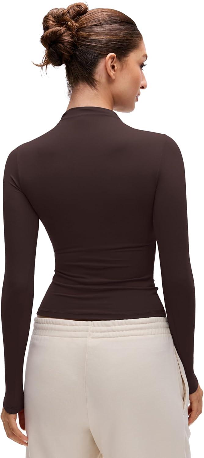 imageCRZ YOGA Softembrace Mock Neck Long Sleeve Shirts for Women Casual Going Out Comfort Tops Soft Fitted Layer Underwear TeesHot Fudge Brown