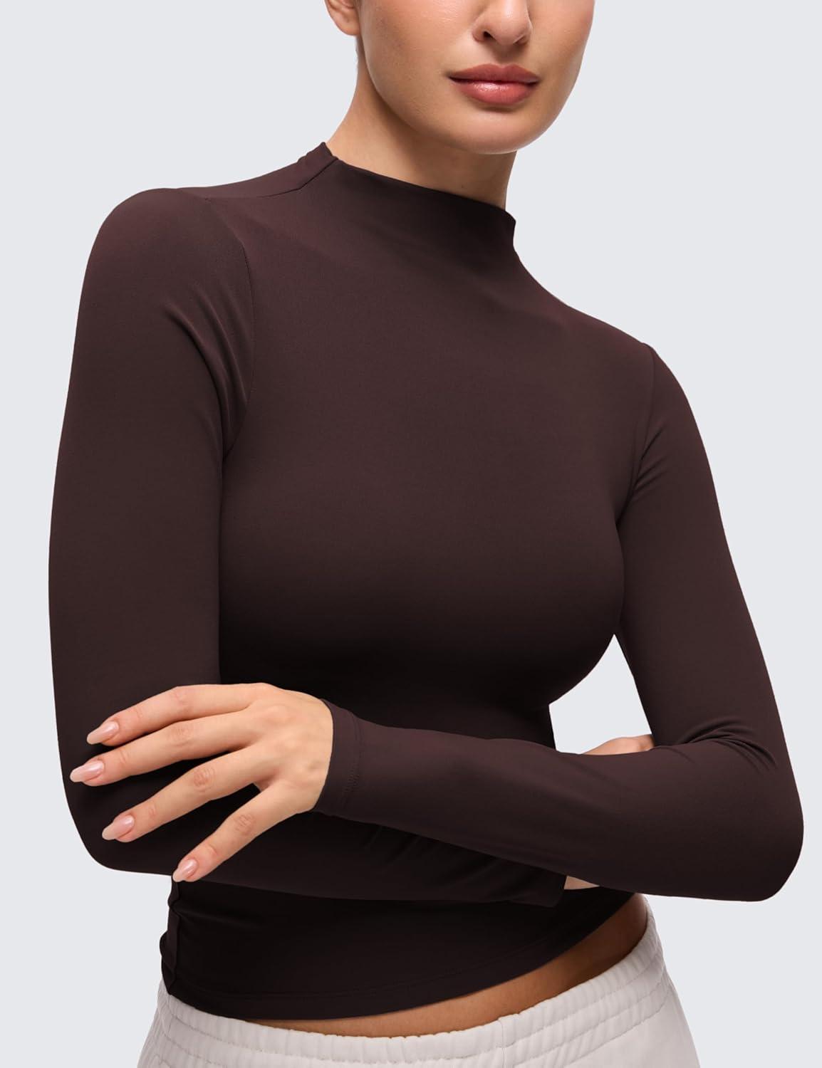 imageCRZ YOGA Softembrace Mock Neck Long Sleeve Shirts for Women Casual Going Out Comfort Tops Soft Fitted Layer Underwear TeesHot Fudge Brown