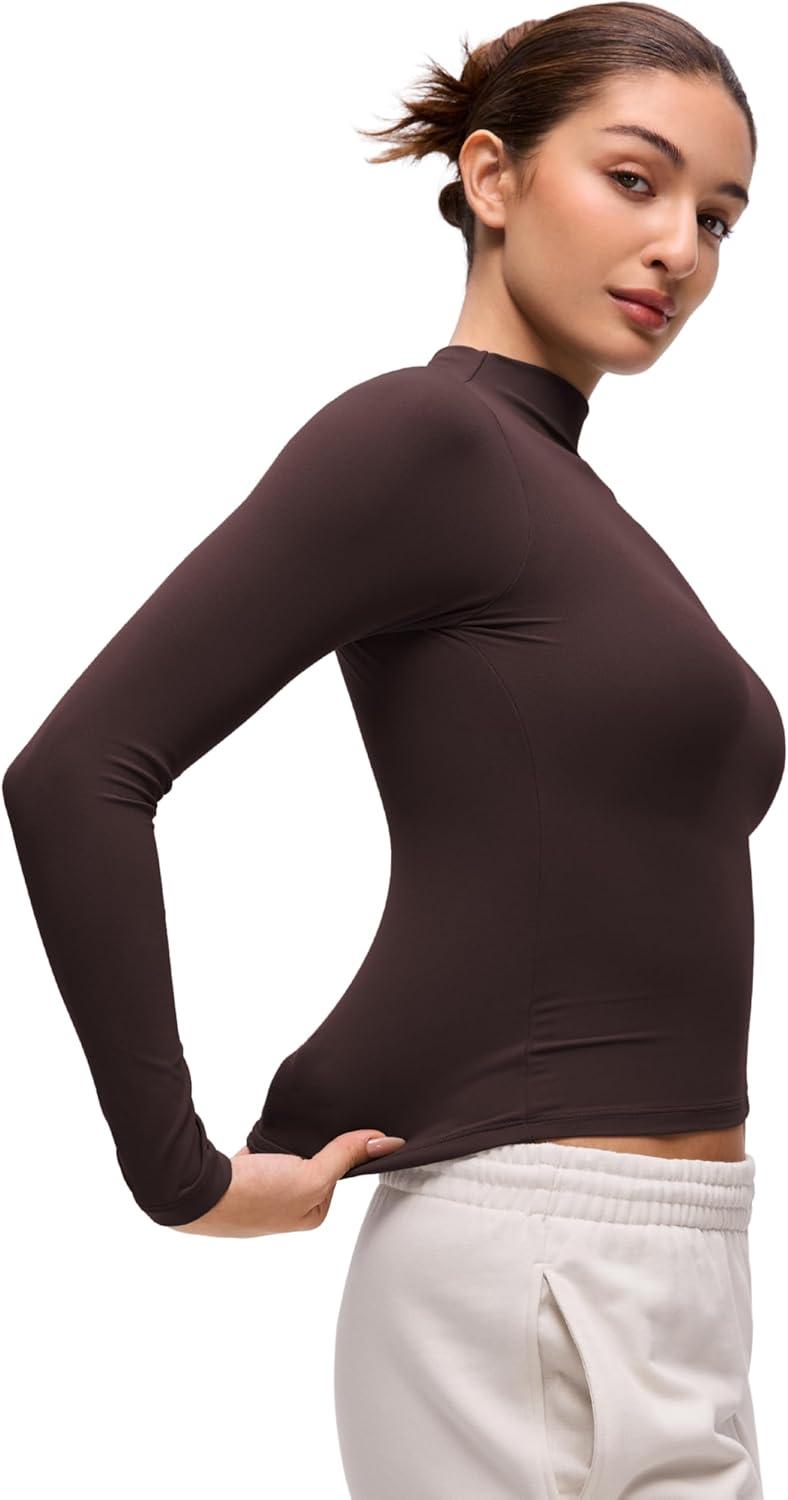 imageCRZ YOGA Softembrace Mock Neck Long Sleeve Shirts for Women Casual Going Out Comfort Tops Soft Fitted Layer Underwear TeesHot Fudge Brown