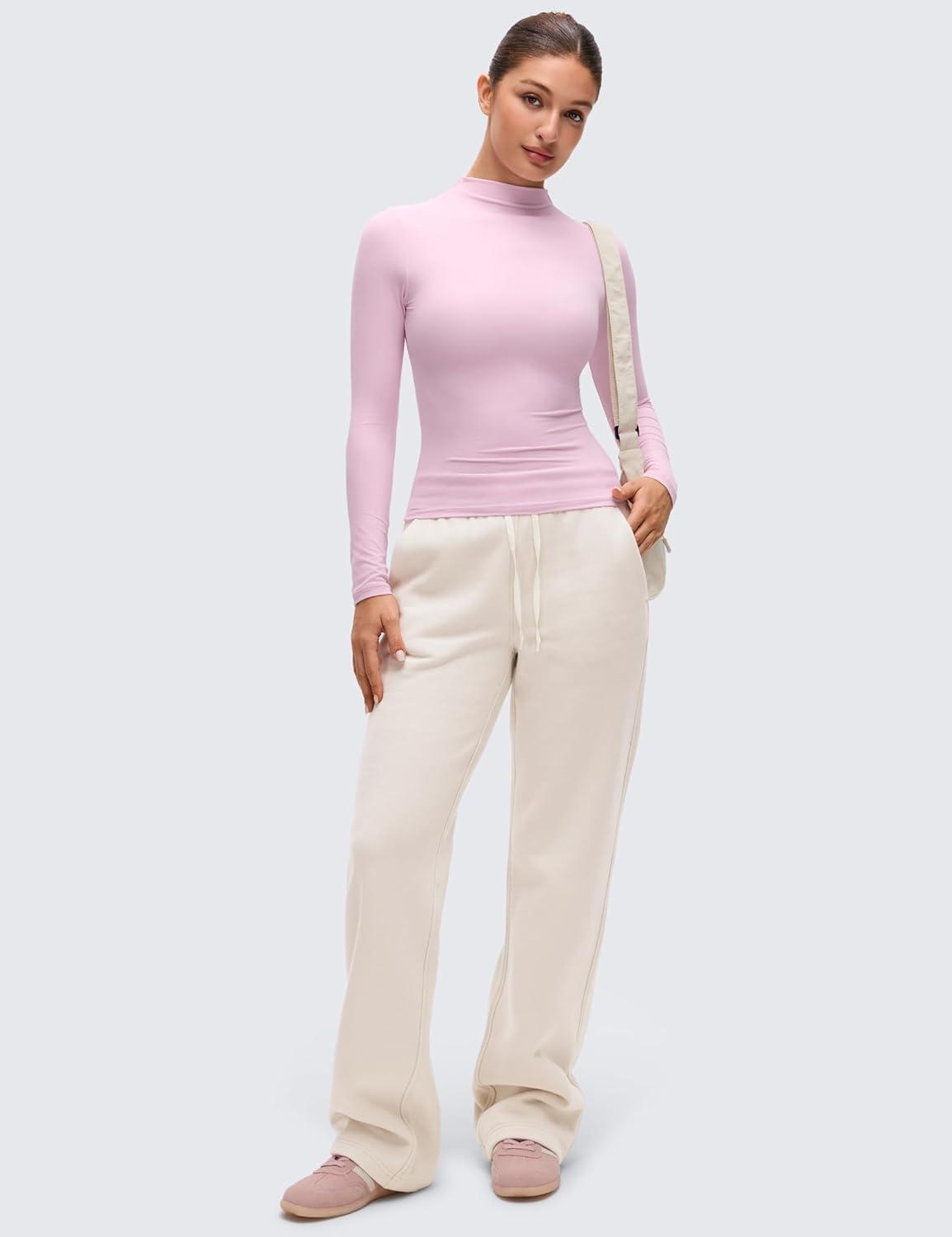 imageCRZ YOGA Softembrace Mock Neck Long Sleeve Shirts for Women Casual Going Out Comfort Tops Soft Fitted Layer Underwear TeesPink Peony