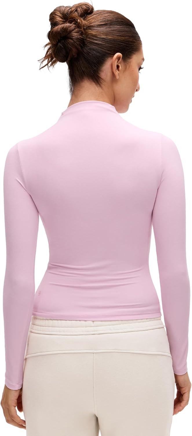 imageCRZ YOGA Softembrace Mock Neck Long Sleeve Shirts for Women Casual Going Out Comfort Tops Soft Fitted Layer Underwear TeesPink Peony