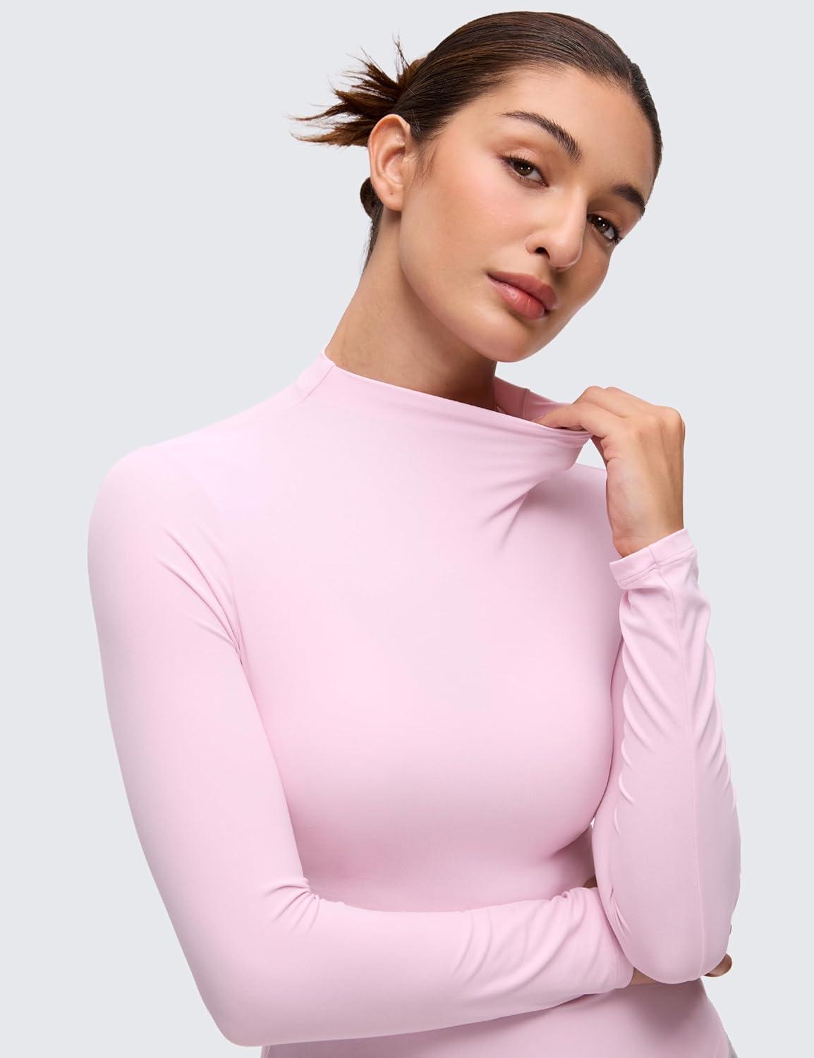 imageCRZ YOGA Softembrace Mock Neck Long Sleeve Shirts for Women Casual Going Out Comfort Tops Soft Fitted Layer Underwear TeesPink Peony