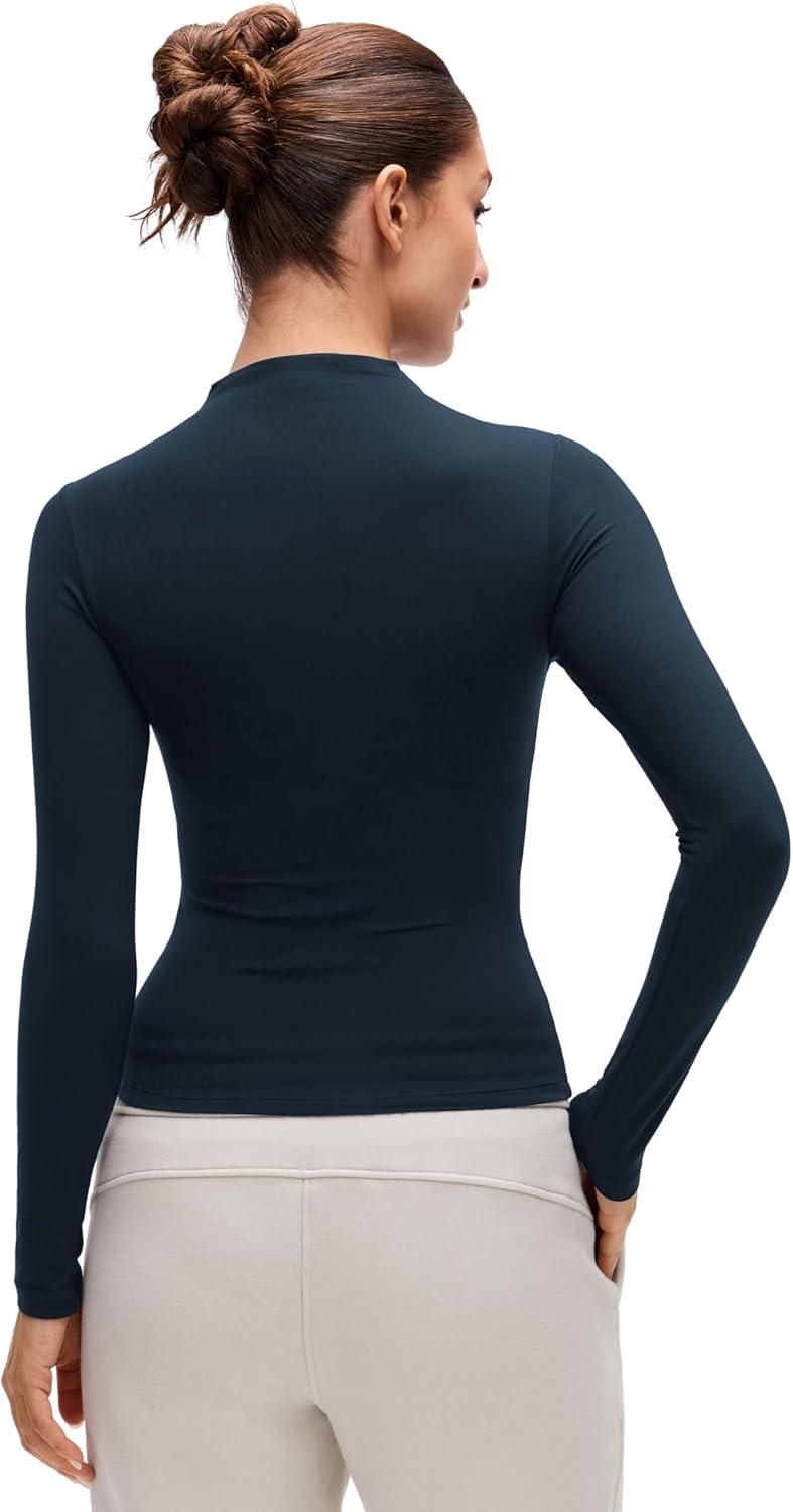 imageCRZ YOGA Softembrace Mock Neck Long Sleeve Shirts for Women Casual Going Out Comfort Tops Soft Fitted Layer Underwear TeesTrue Navy